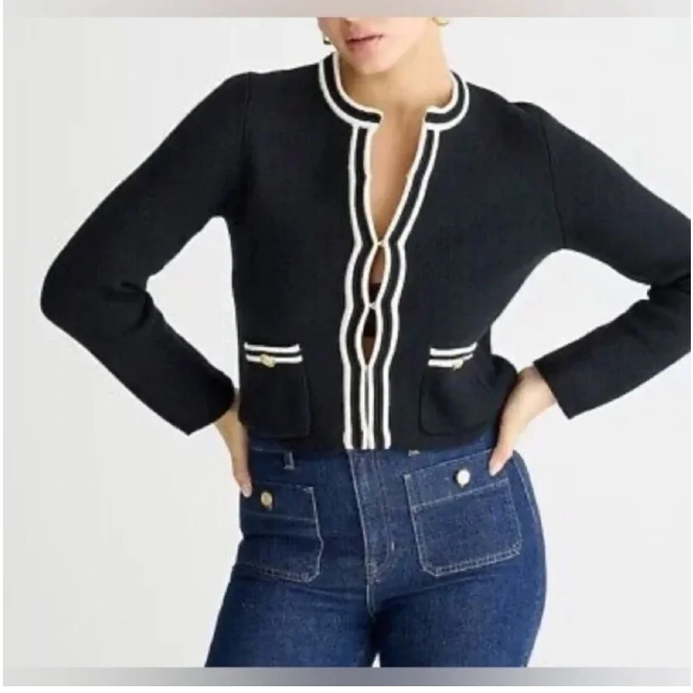 J CREW Emilie Sweater Black‎ White Trim Size XS Preppy